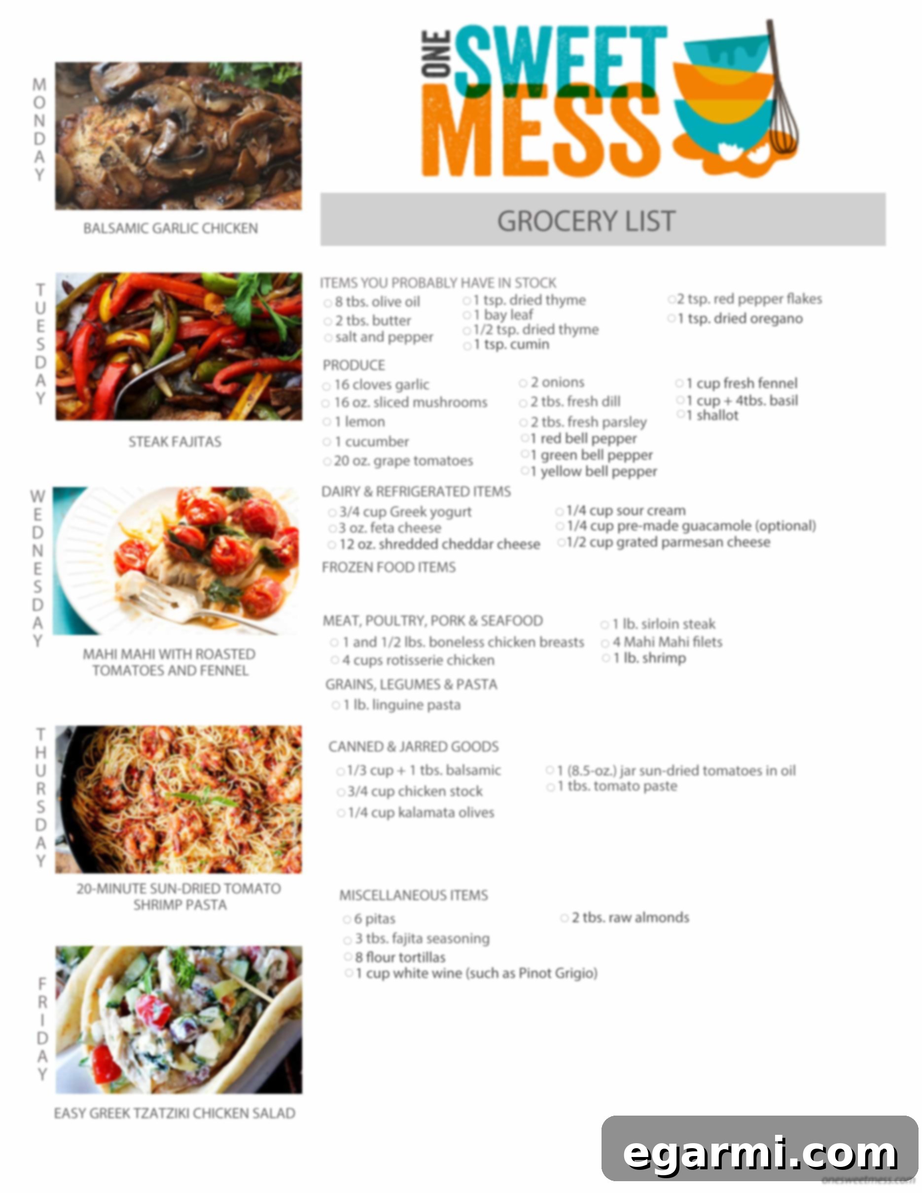 Printable Weekly Meal Plan and Comprehensive Grocery List for February 29th, 2016