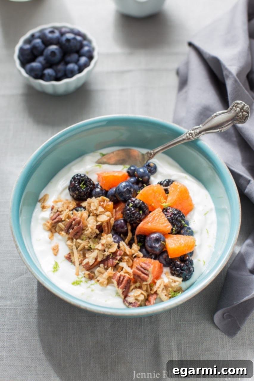 Vibrant Honey Lime Yogurt Bowl 2 Honey-Lime Fruit and Yogurt Bowl - Freshly prepared, vibrant breakfast