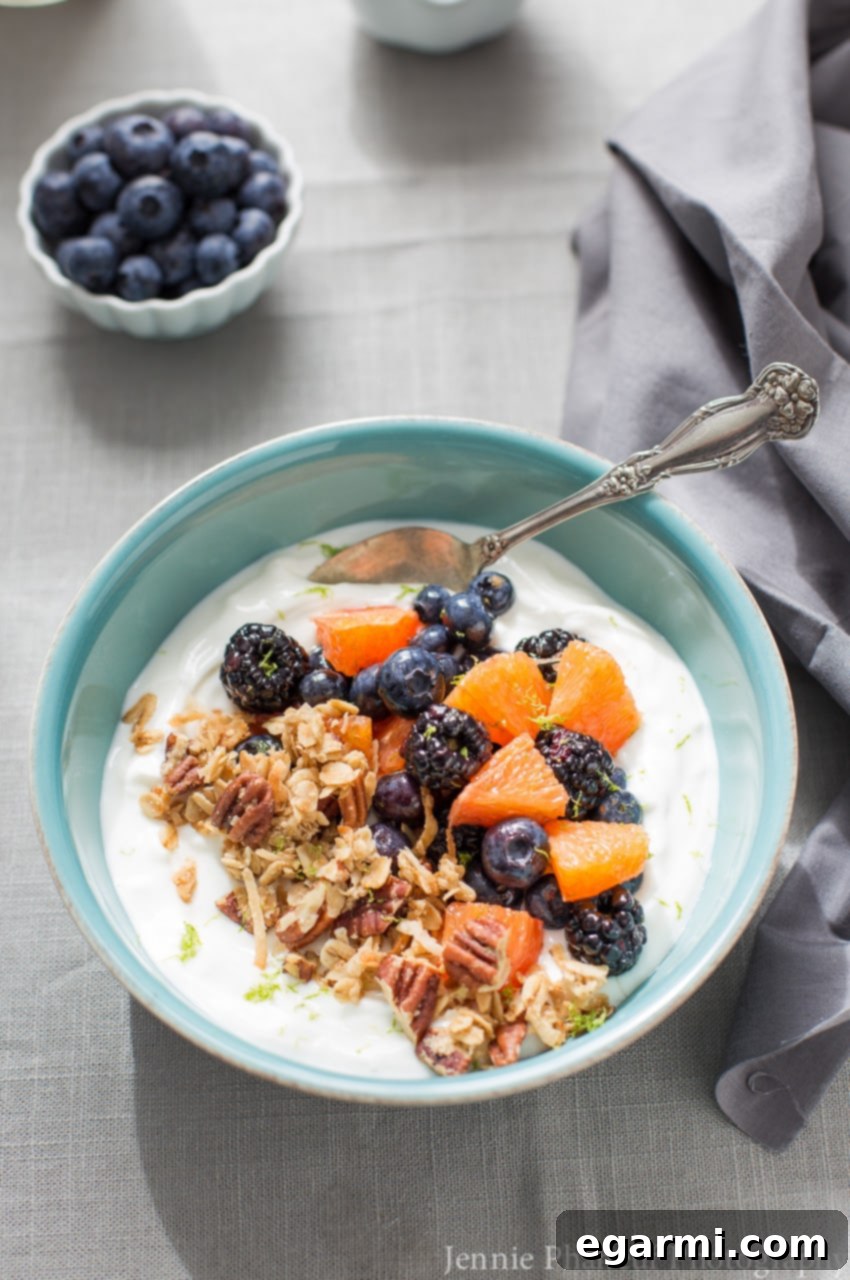 Vibrant Honey Lime Yogurt Bowl 4 Honey-Lime Fruit and Yogurt Bowl - Close-up of fruit and dressing