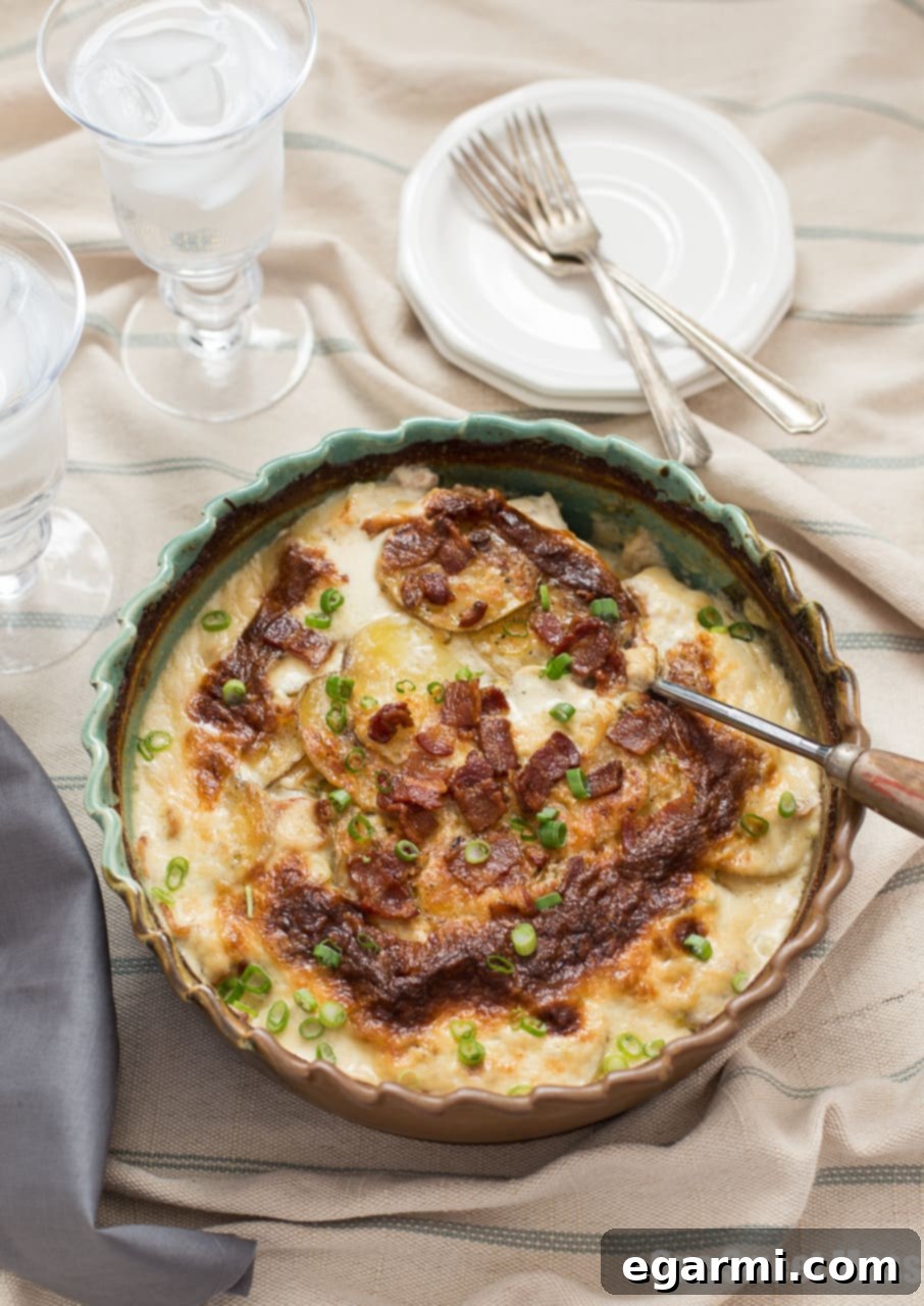 Close-up of crispy, golden-brown top layer of Au Gratin Potatoes