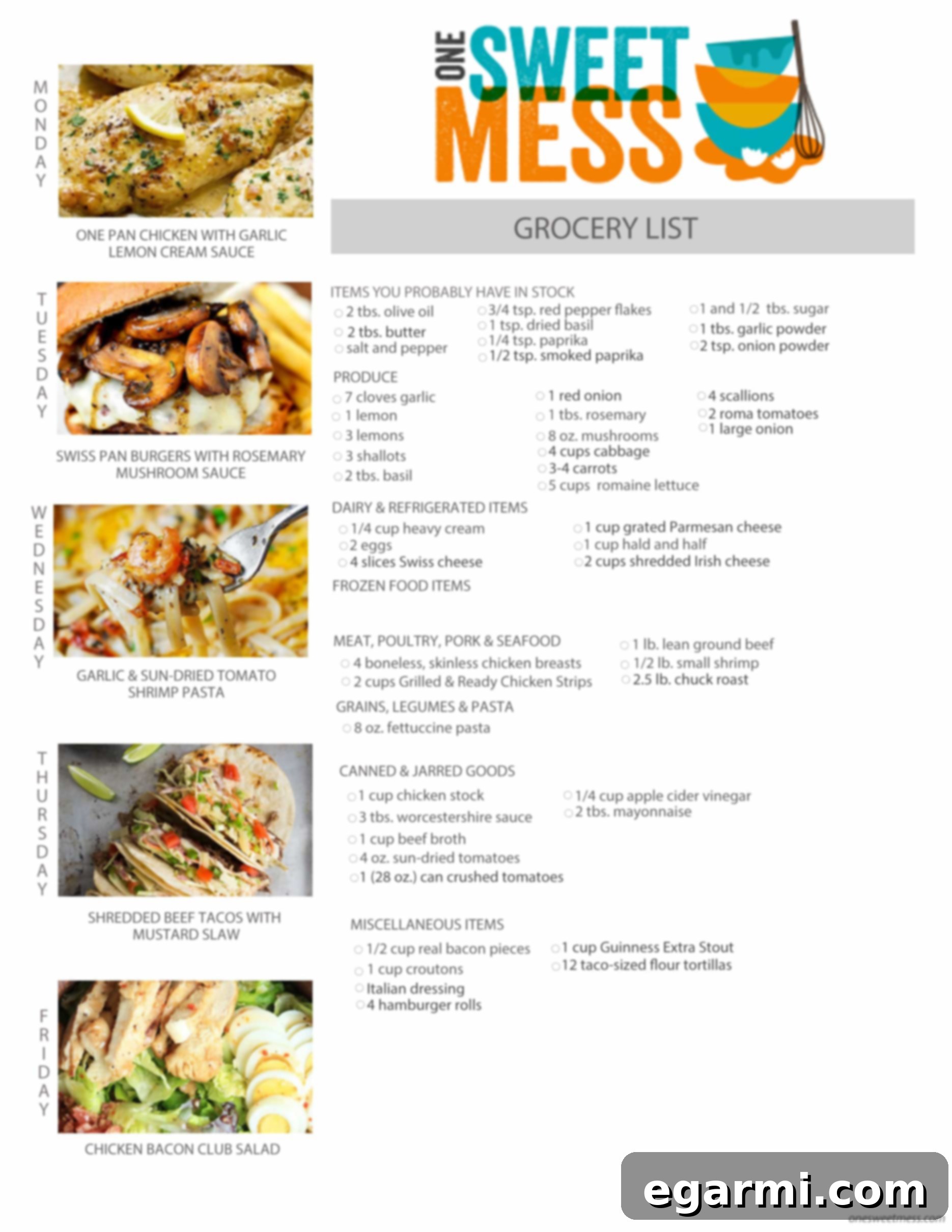 Printable Weekly Meal Plan and Grocery List for March 14th, 2016