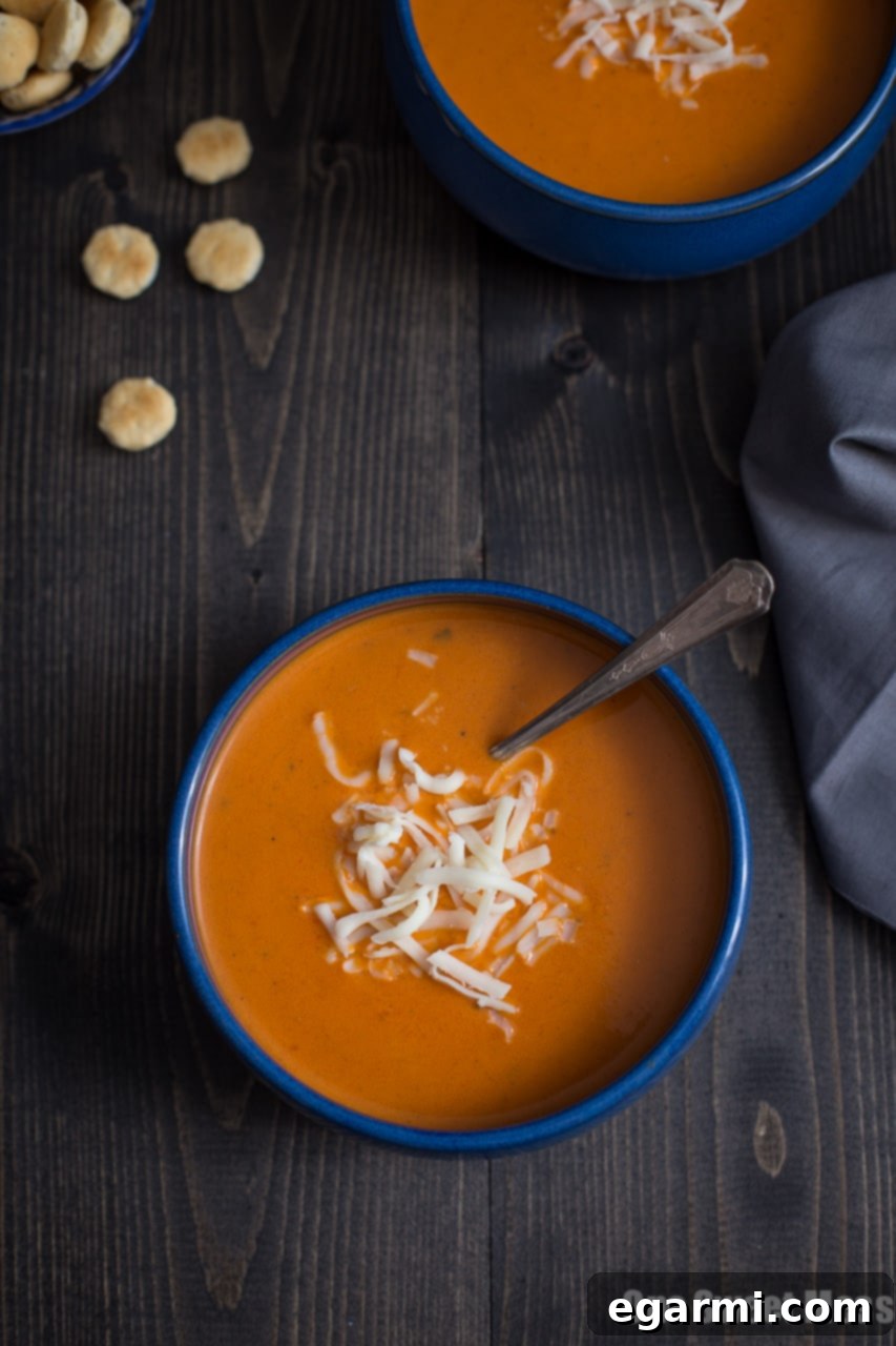 Velvety Roasted Red Pepper Smoked Gouda Soup in a bowl, garnished with fresh herbs.