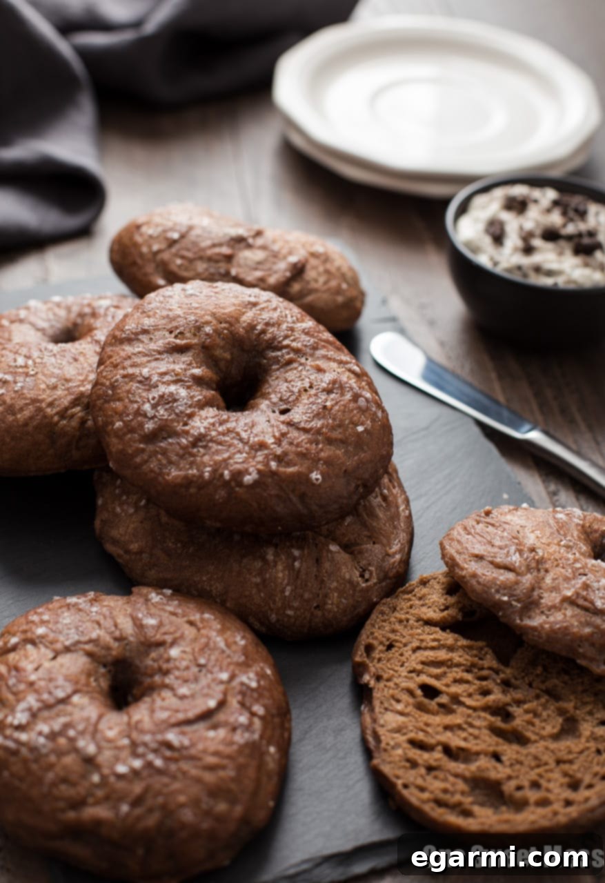 Close-up of Chocolate Bagels with Cookies & Cream Whipped Cream Cheese
