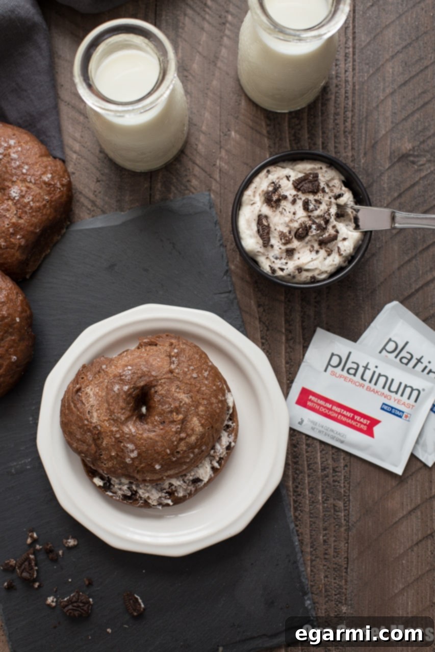 Chocolate Bagels with generous Cookies & Cream Whipped Cream Cheese filling