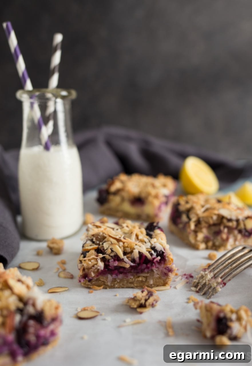 Close-up of Blueberry Coconut Cheesecake Bars showing layers