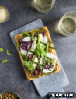 Artisan Pistachio Pesto Asparagus Flatbread Pizza 6 Final plated Pistachio Pesto & Asparagus Flatbread Pizza with all ingredients