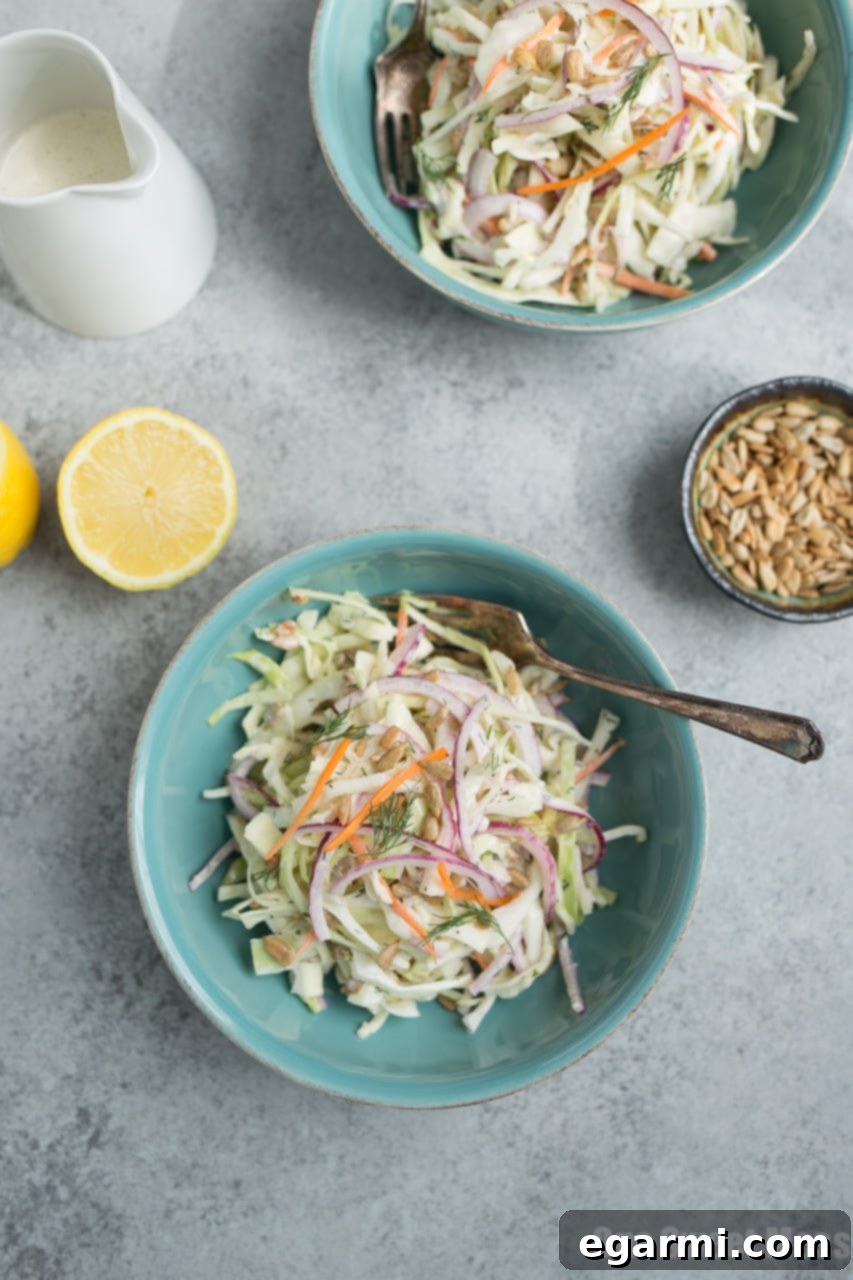 Bright and refreshing Lemon Dill Coleslaw in a serving bowl