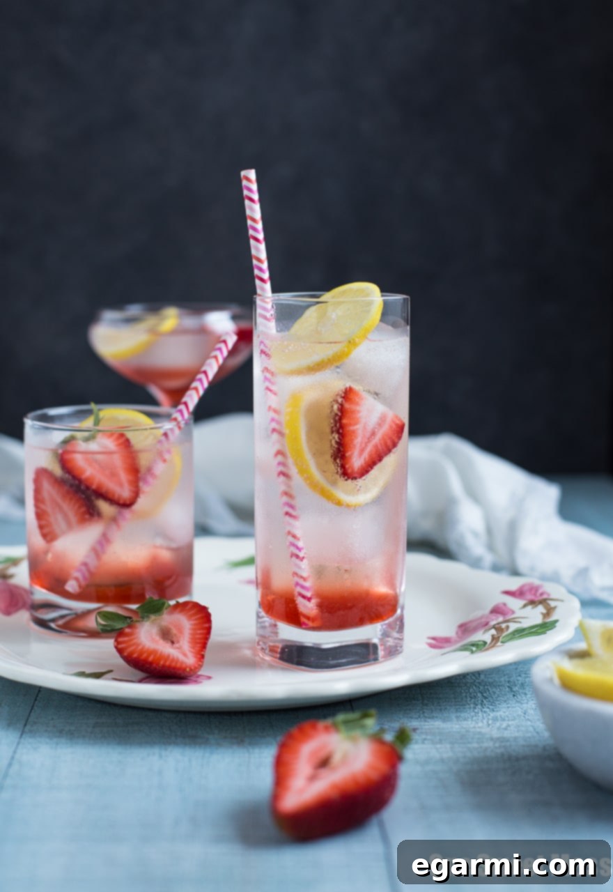 Strawberry Lemon Gin Fizz ready to be served, highlighting its refreshing quality.
