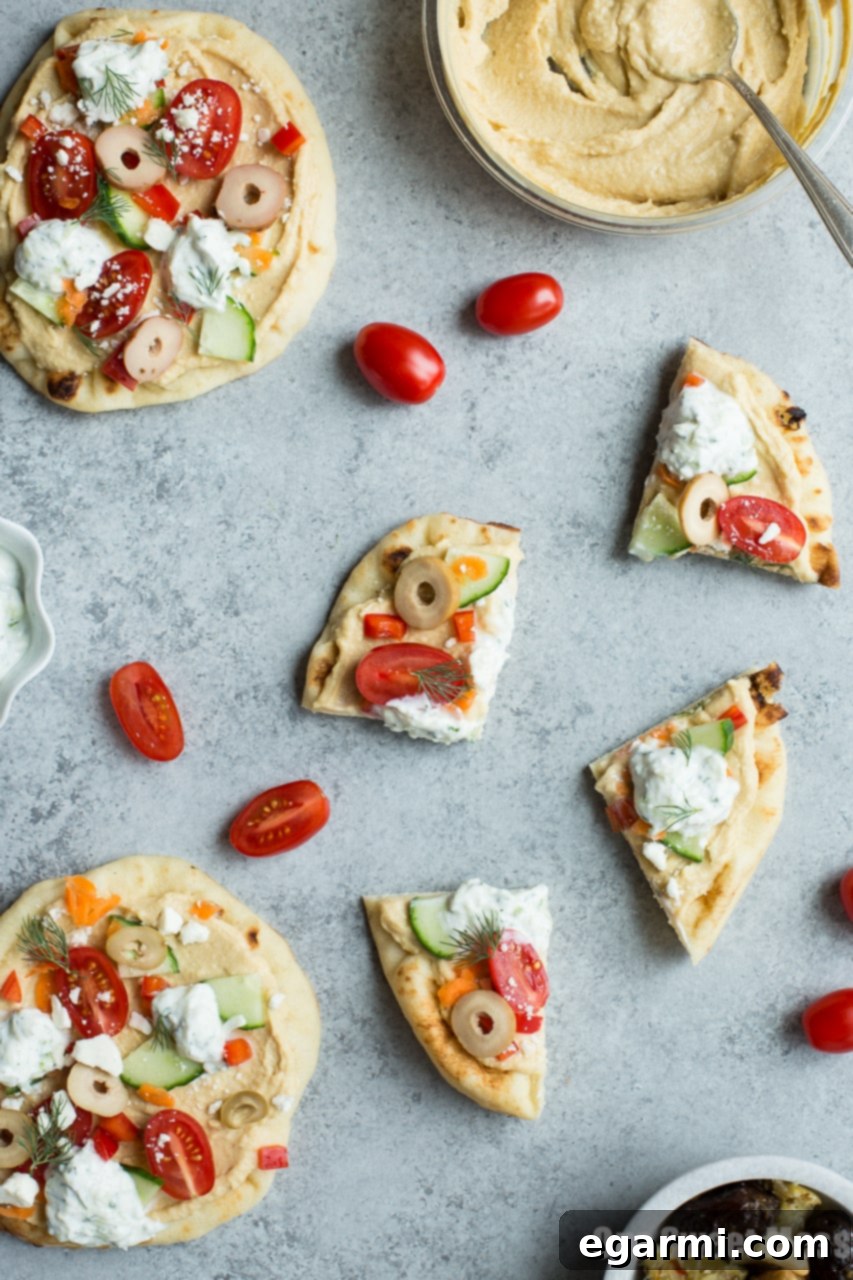 Mediterranean Veggie Flatbreads with Hummus and Tzatziki 2 Veggie-Loaded Flatbread Pizza with Hummus and Tzatziki (No-Bake)