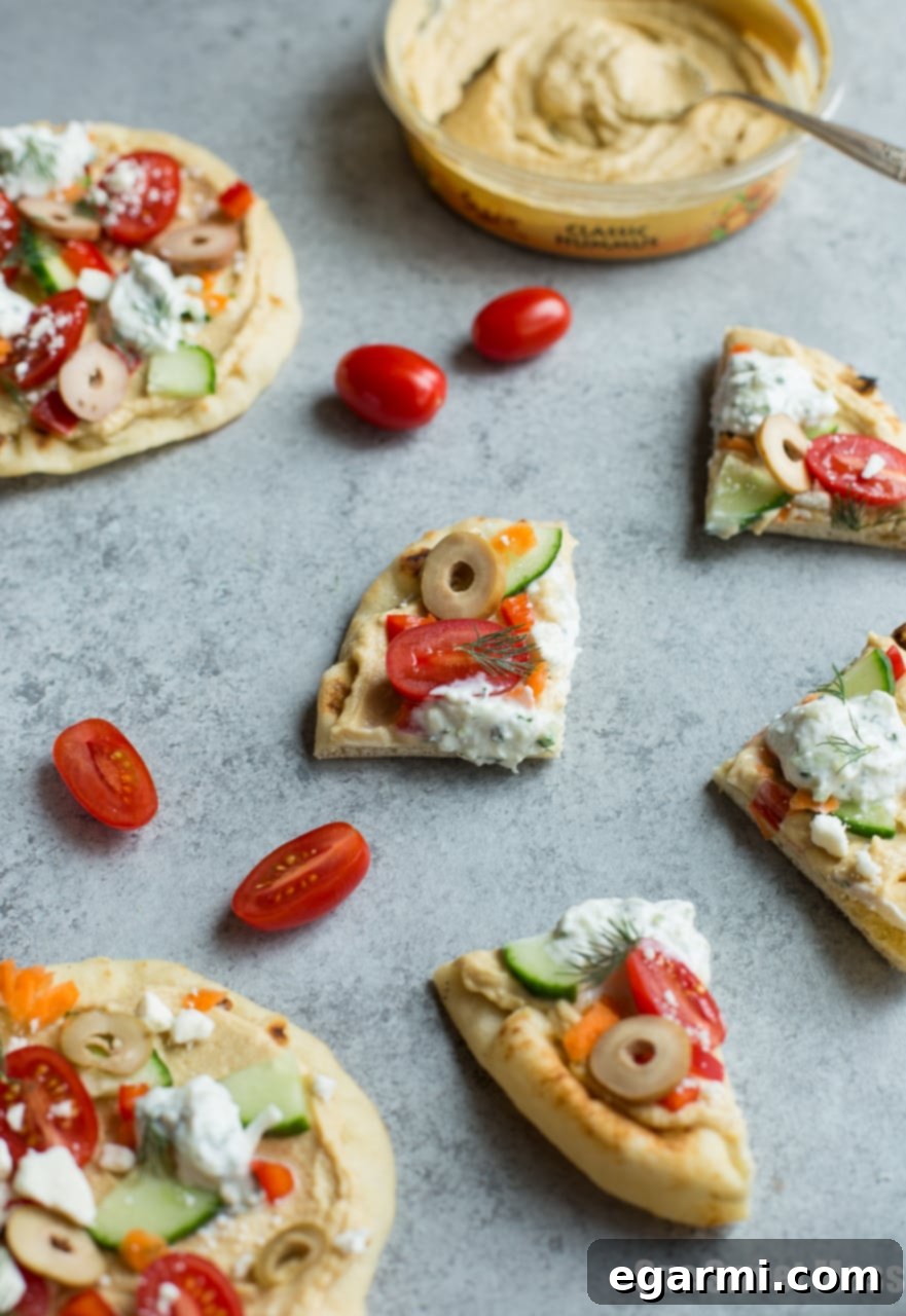 Mediterranean Veggie Flatbreads with Hummus and Tzatziki 3 Veggie-Loaded Flatbread Pizza with Hummus and Tzatziki (No-Bake)