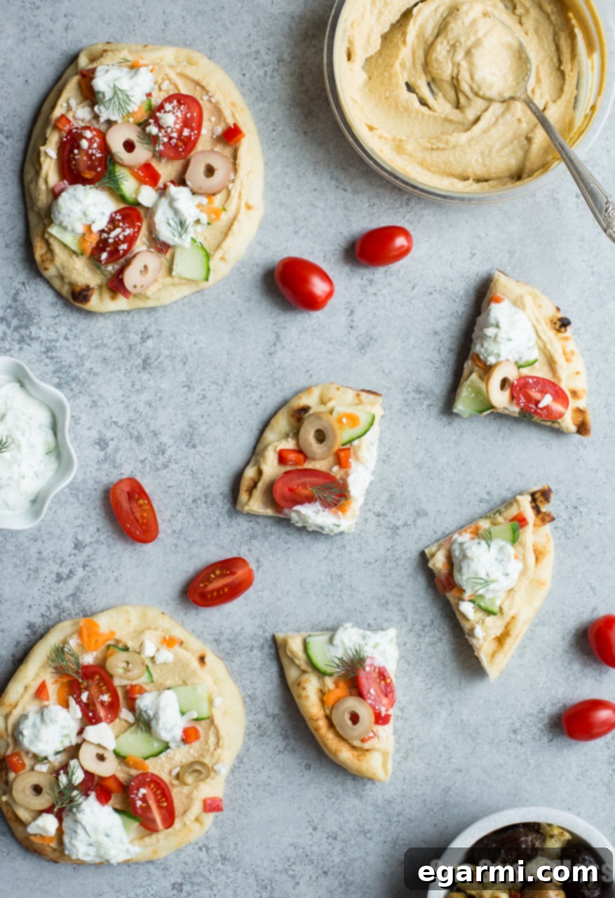 Mediterranean Veggie Flatbreads with Hummus and Tzatziki 4 Veggie-Loaded Flatbread Pizza with Hummus and Tzatziki (No-Bake)