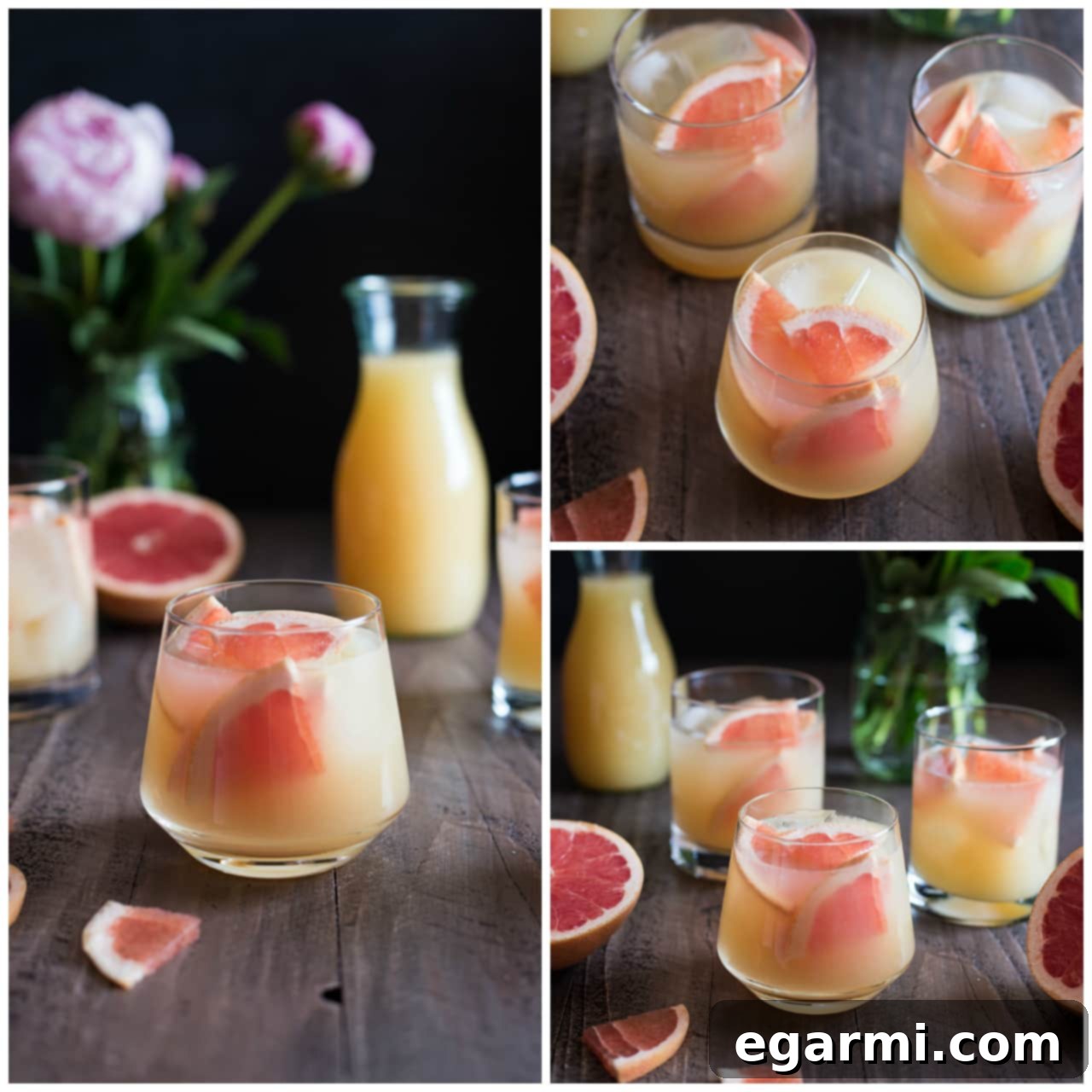 Ingredients for a Bourbon Grapefruit Cocktail including bourbon, grapefruit, and syrup