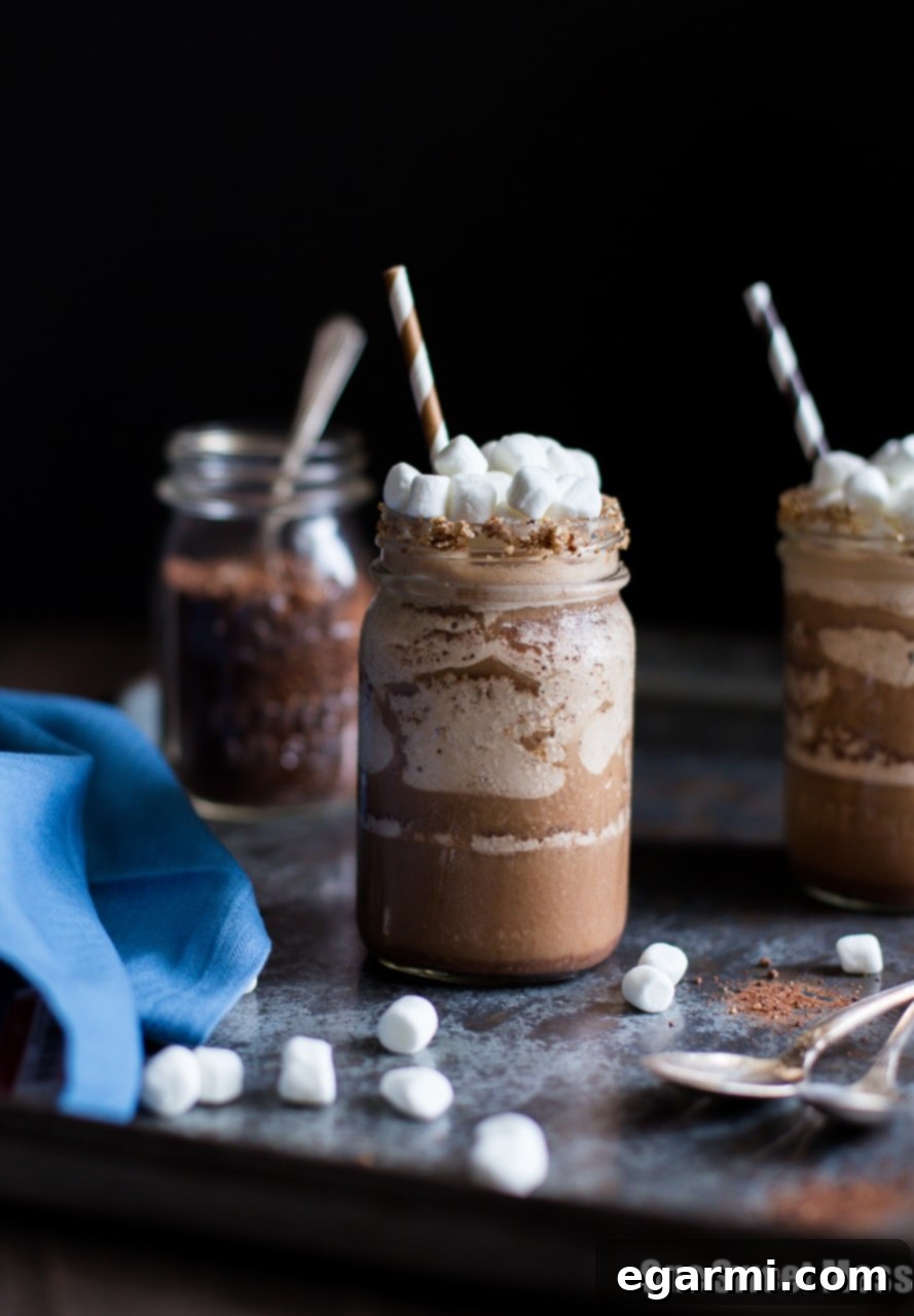 Spiked Frozen Smores Cocoa 2 Delicious Boozy S'mores Frozen Hot Chocolate served in a mason jar, garnished with toasted marshmallows and chocolate drizzle