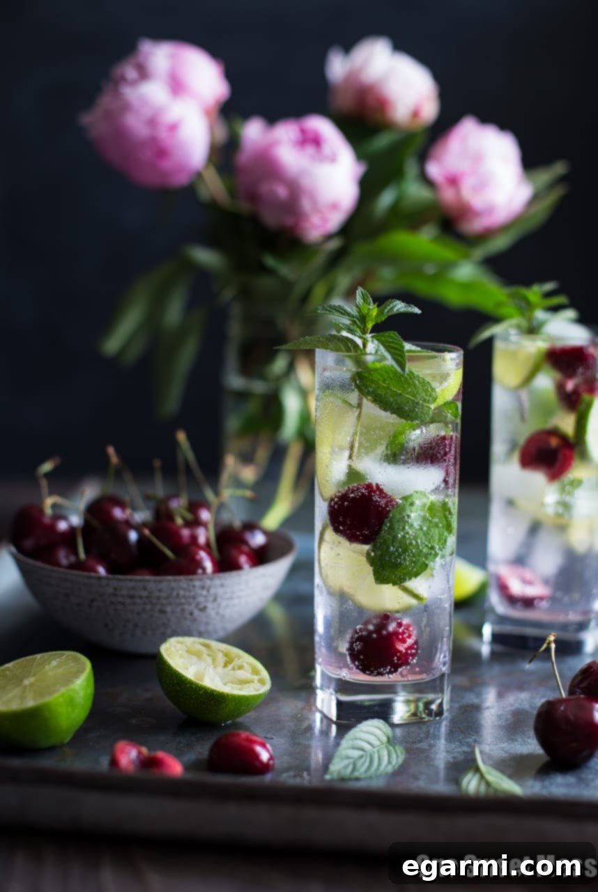 Refreshing Black Cherry Mojito cocktail in a highball glass, garnished with lime, mint, and fresh cherries, perfect for summer