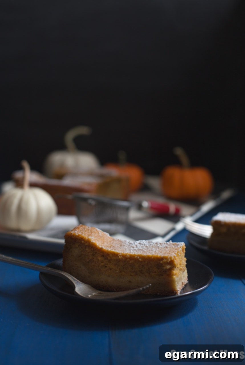 Close-up of the gooey top layer of Pumpkin Pie Gooey Butter Cake