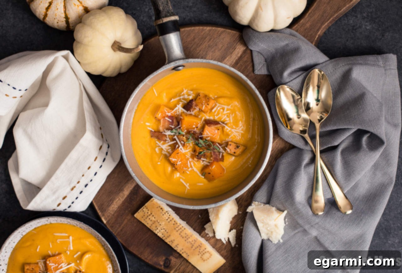Diced butternut squash, sweet potatoes, carrots, onions, and garlic laid out on a baking sheet before roasting.