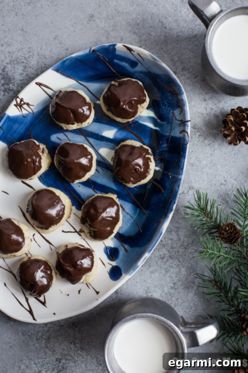 Buttery Hazelnut Sandies Dipped in Chocolate 3 Chocolate Dipped Hazelnut Sandies surrounded by festive holiday decorations.