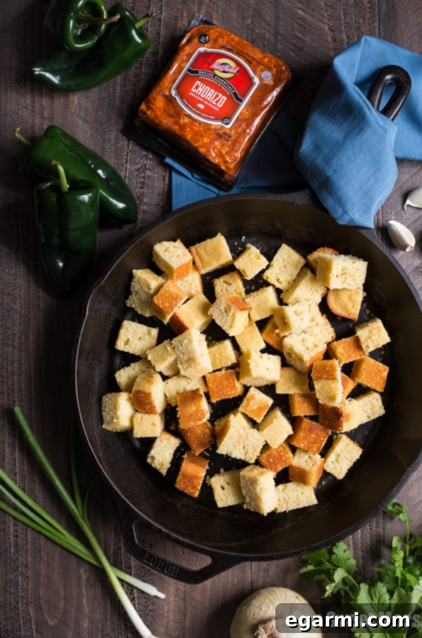 Roasted Poblano Chorizo Cornbread Stuffing, an irresistible holiday side dish