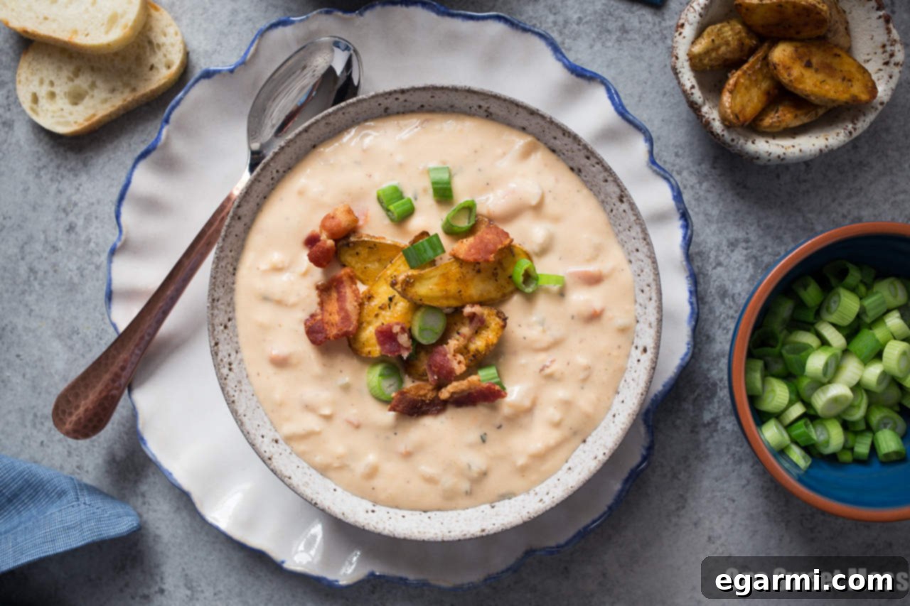 Bacon Beer Cheese Soup in a serving bowl, garnished with potatoes and bacon