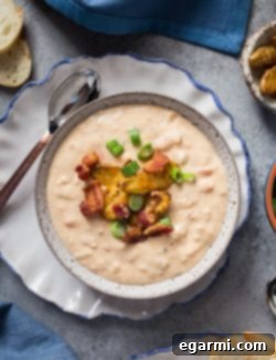 Final bowl of Bacon Beer Cheese Soup with a sprinkle of crispy bacon and scallions