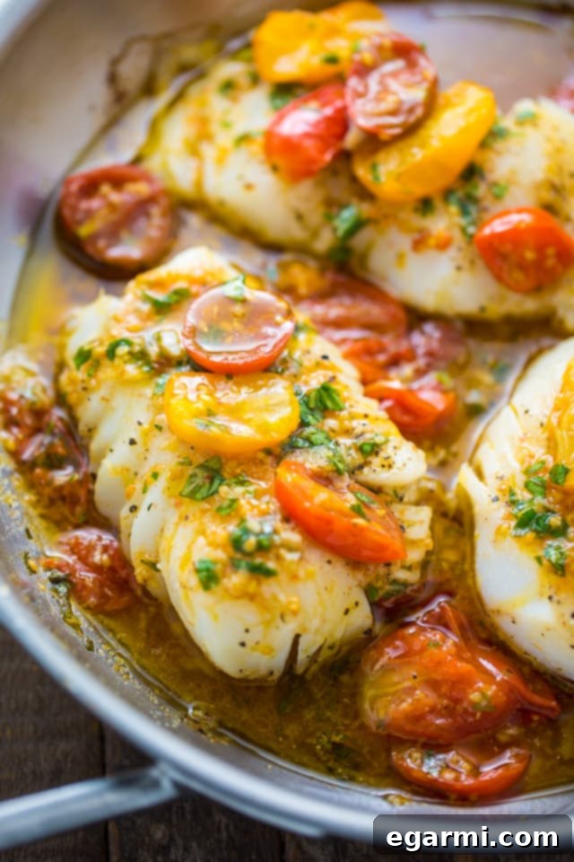 Pan-Seared Cod in White Wine Tomato Basil Sauce - Healthy Seafood Dinner