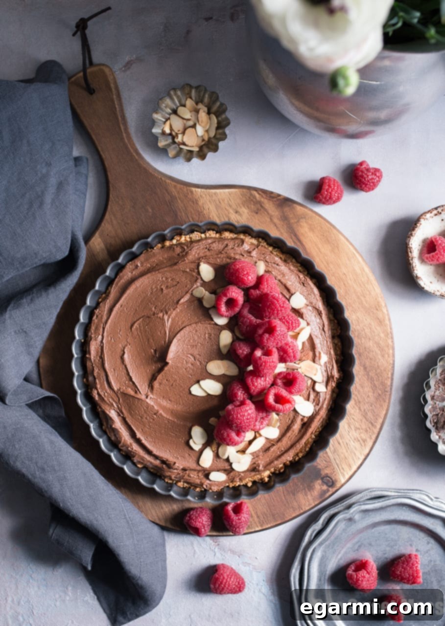 Dark Chocolate Almond Tart: This rich, creamy, ultra chocolate-y tart is vegan, gluten-free, grain-free, soy-free, and egg-free. This decadent tart is perfect for Valentine's Day.
