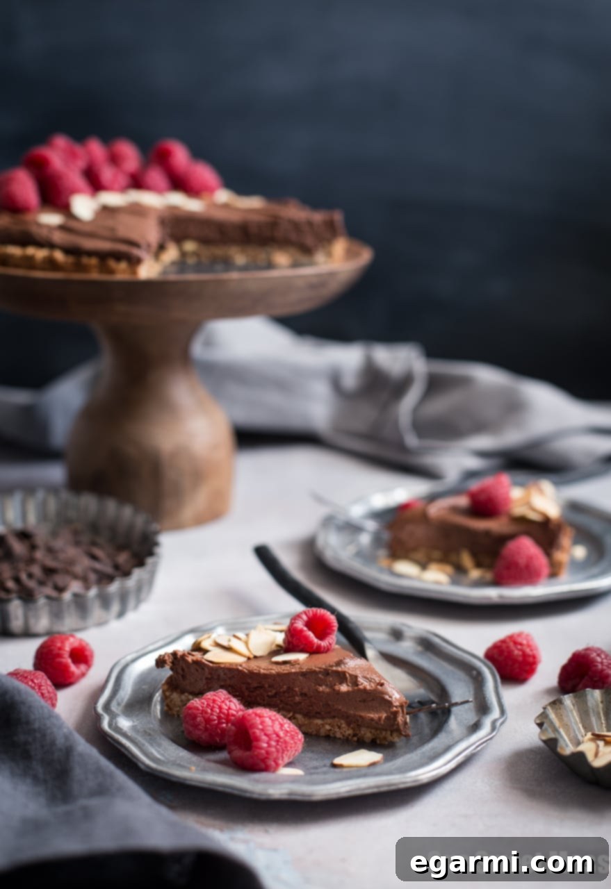 Dark Chocolate Almond Tart: This rich, creamy, ultra chocolate-y tart is vegan, gluten-free, grain-free, soy-free, and egg-free. This decadent tart is perfect for Valentine's Day.