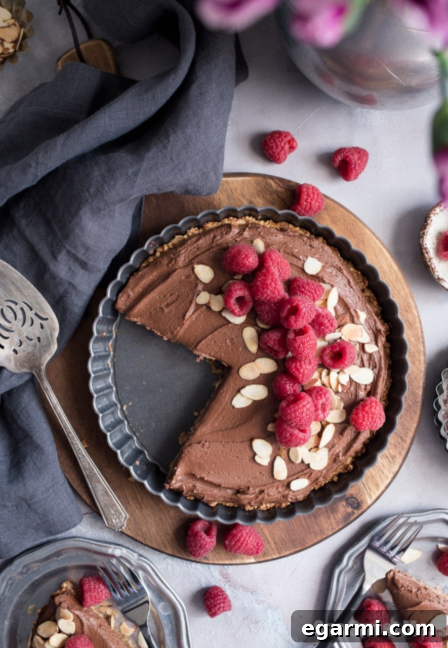 Dark Chocolate Almond Tart: This rich, creamy, ultra chocolate-y tart is vegan, gluten-free, grain-free, soy-free, and egg-free. This decadent tart is perfect for Valentine's Day.