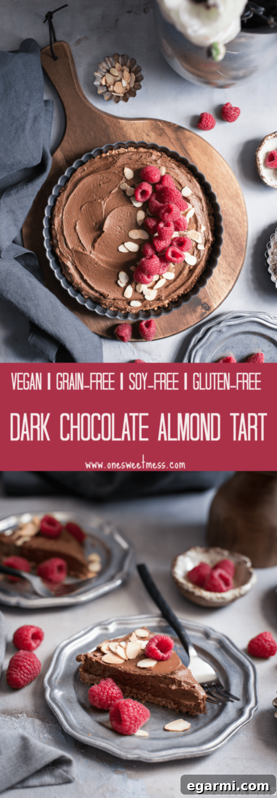 Dark Chocolate Almond Tart: This rich, creamy, ultra chocolate-y tart is vegan, gluten-free, grain-free, soy-free, and egg-free. This decadent tart is perfect for Valentine's Day.