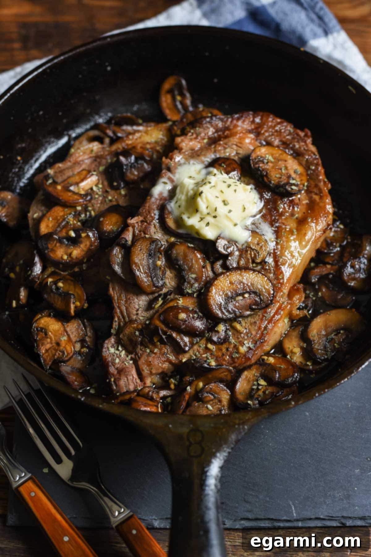 Seared Cast Iron Ribeye with Sautéed Mushrooms