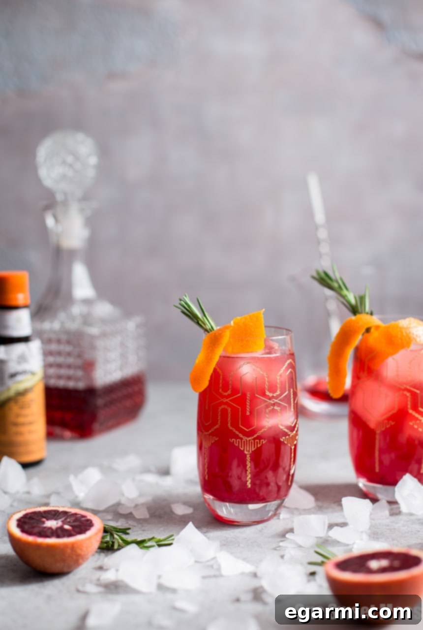 Vibrant Blood Orange Campari Gin Fizz cocktail in a highball glass with garnishes.