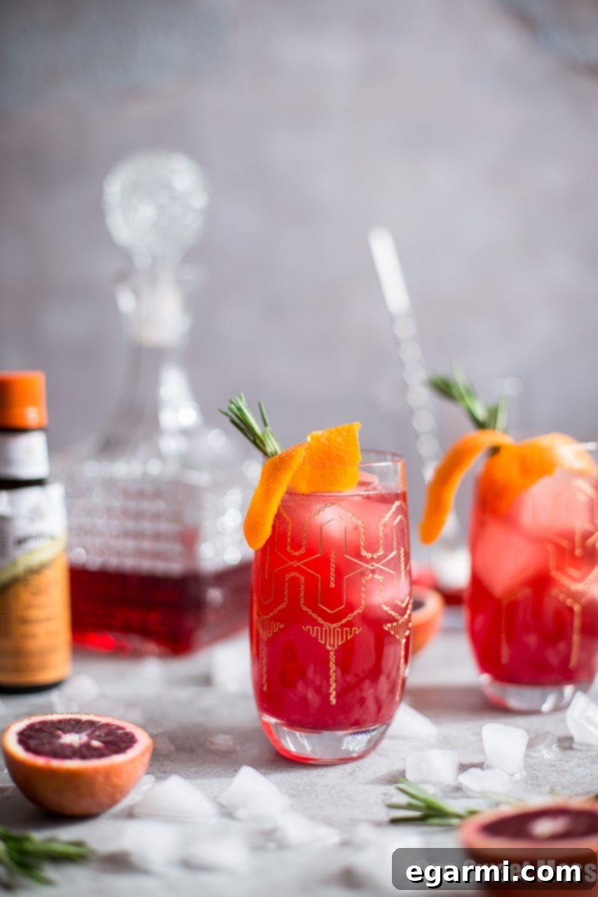 Close-up of a Blood Orange Campari Gin Fizz cocktail, highlighting its color and garnishes.