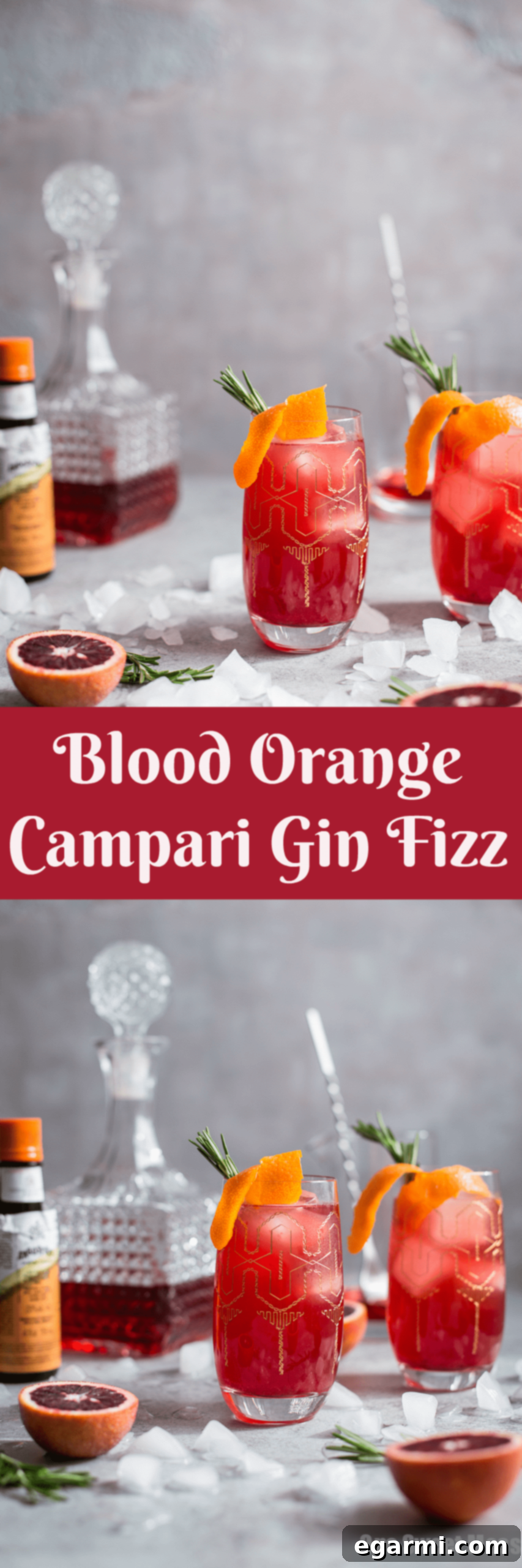 Pinterest graphic: Blood Orange Campari Gin Fizz cocktail recipe with vibrant imagery.