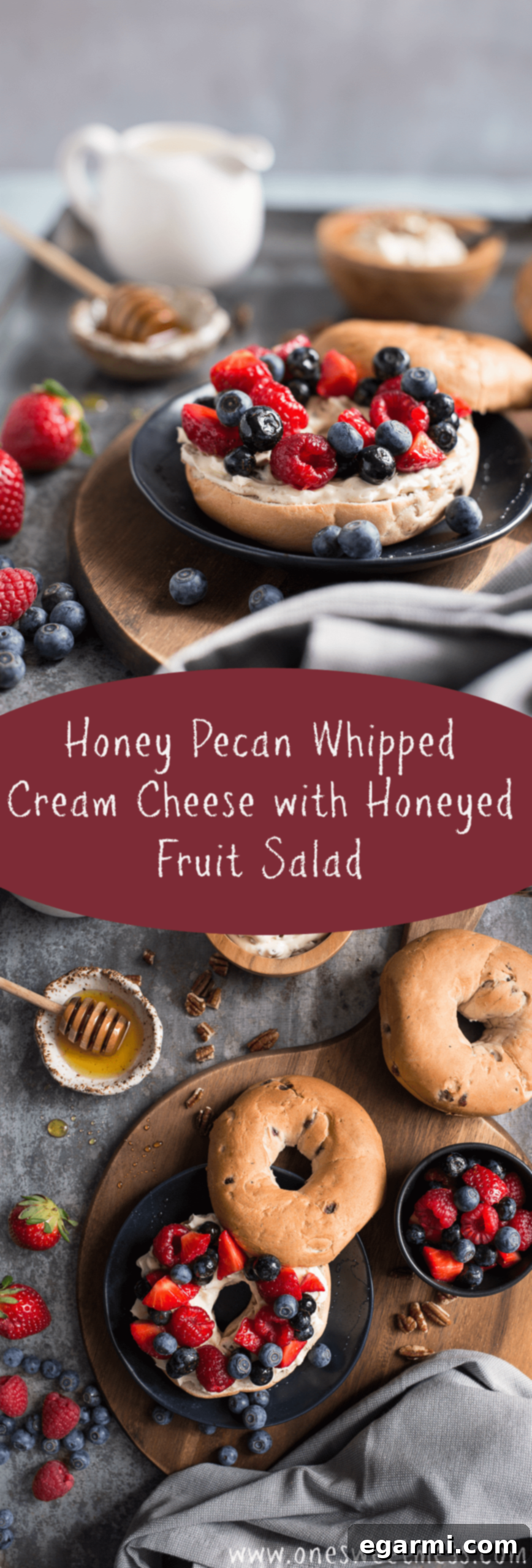 Honey Pecan Whipped Cream Cheese with Honeyed Fruit Salad: The ultimate morning bagel experience, perfect for pinning on Pinterest!