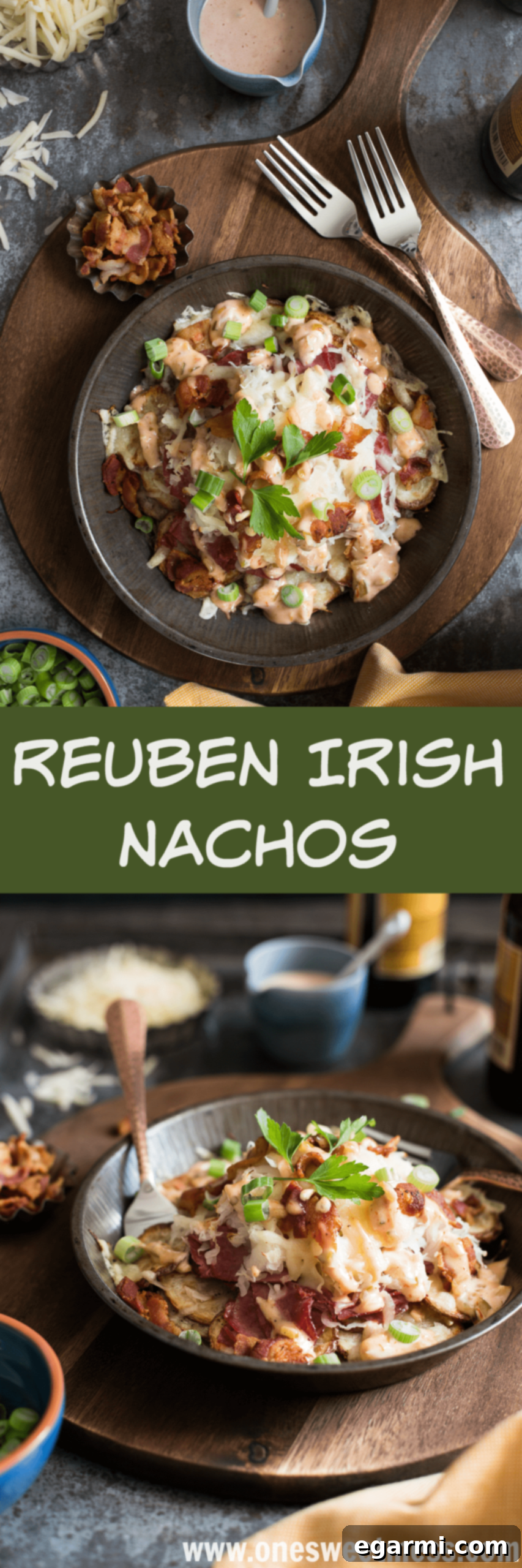 Pinterest graphic for Reuben Irish Nachos recipe, encouraging sharing.