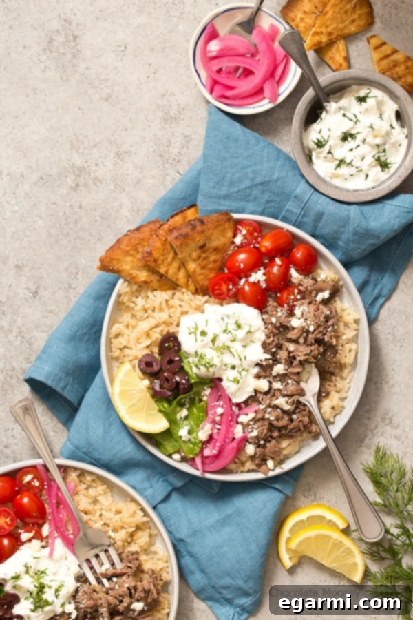 Slow Cooker Gyro Rice Bowls — a healthy, flavorful, and easy weeknight meal inspired by Greek cuisine.