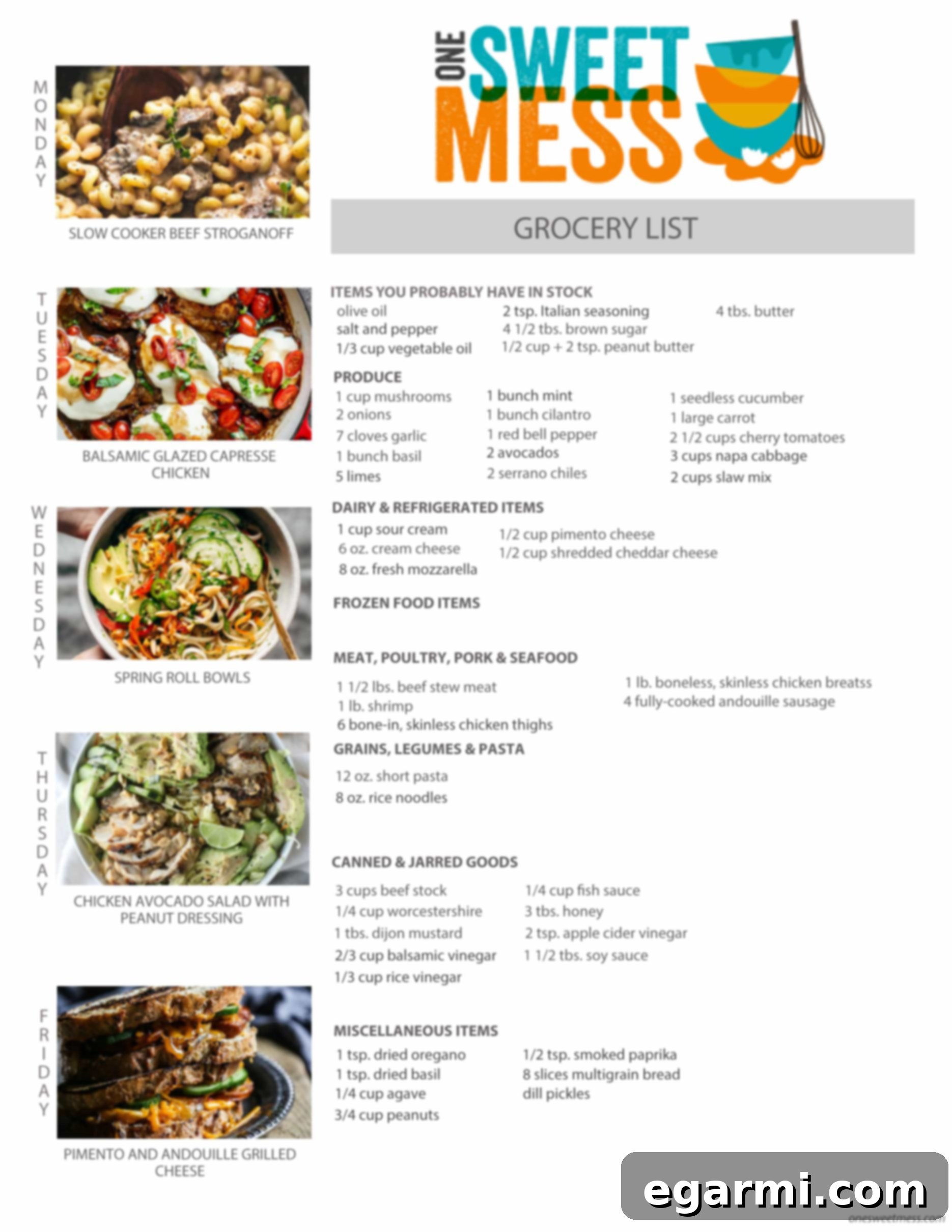 Printable Weekly Meal Plan and Grocery Shopping List for April 10th, 2017