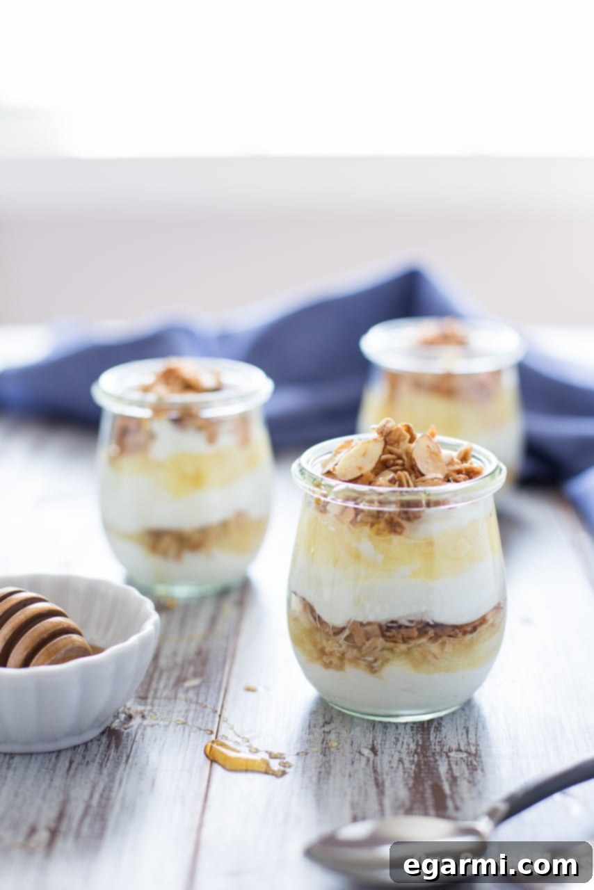 Close-up shot of Pina Colada Yogurt and Honey Parfait layers