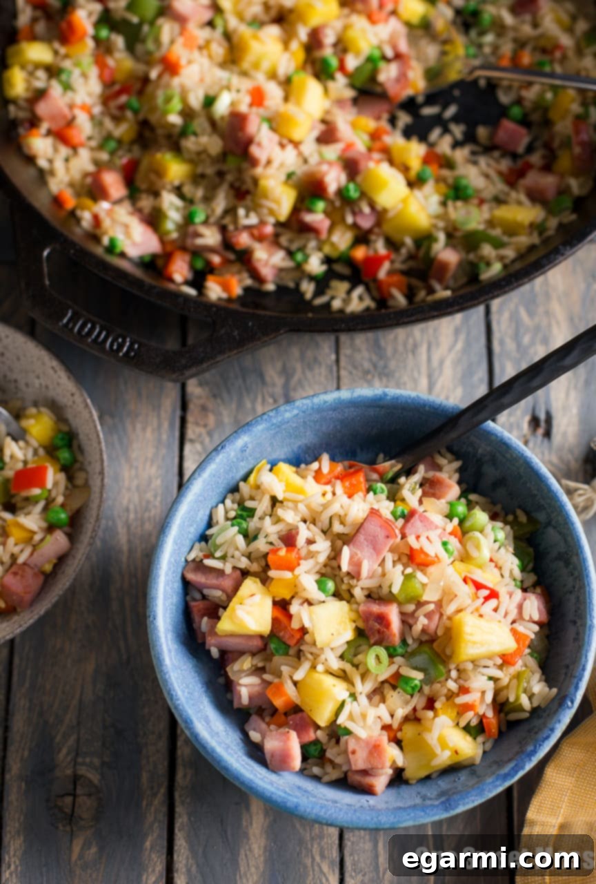 Close-up of Pineapple Ham Fried Rice with vibrant colors