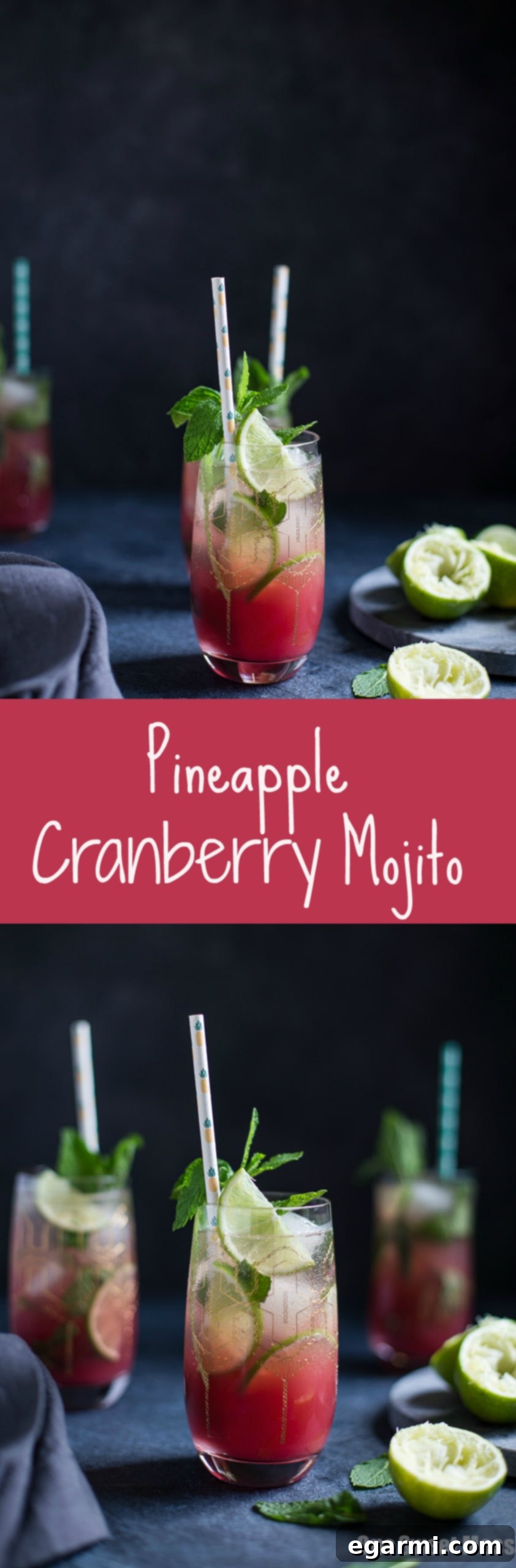 Pin this Pineapple Cranberry Mojito recipe: A refreshing and fruity cocktail perfect for summer sipping and unwinding. Share your creations!