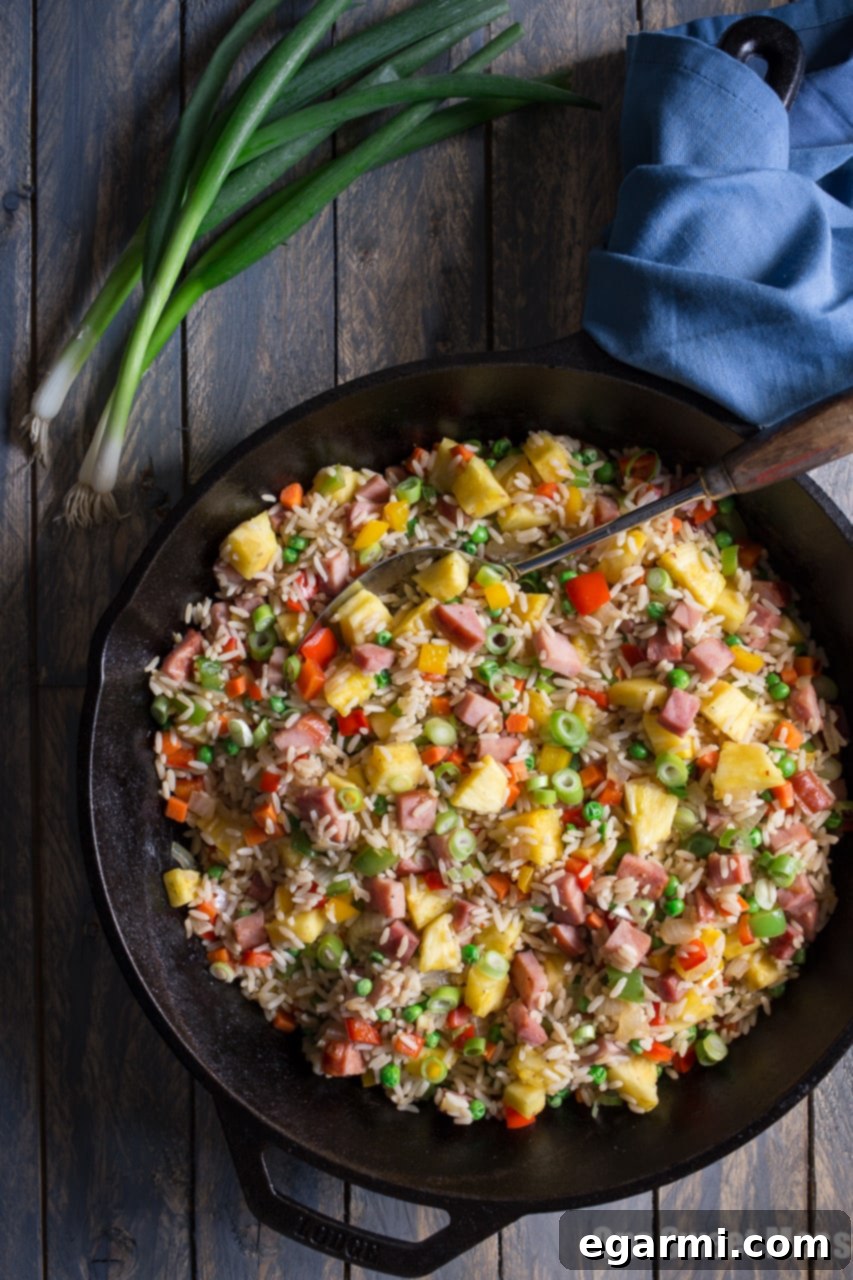 Flavorful Pineapple Ham Fried Rice, a creative and satisfying one-pan meal with a sweet and savory balance