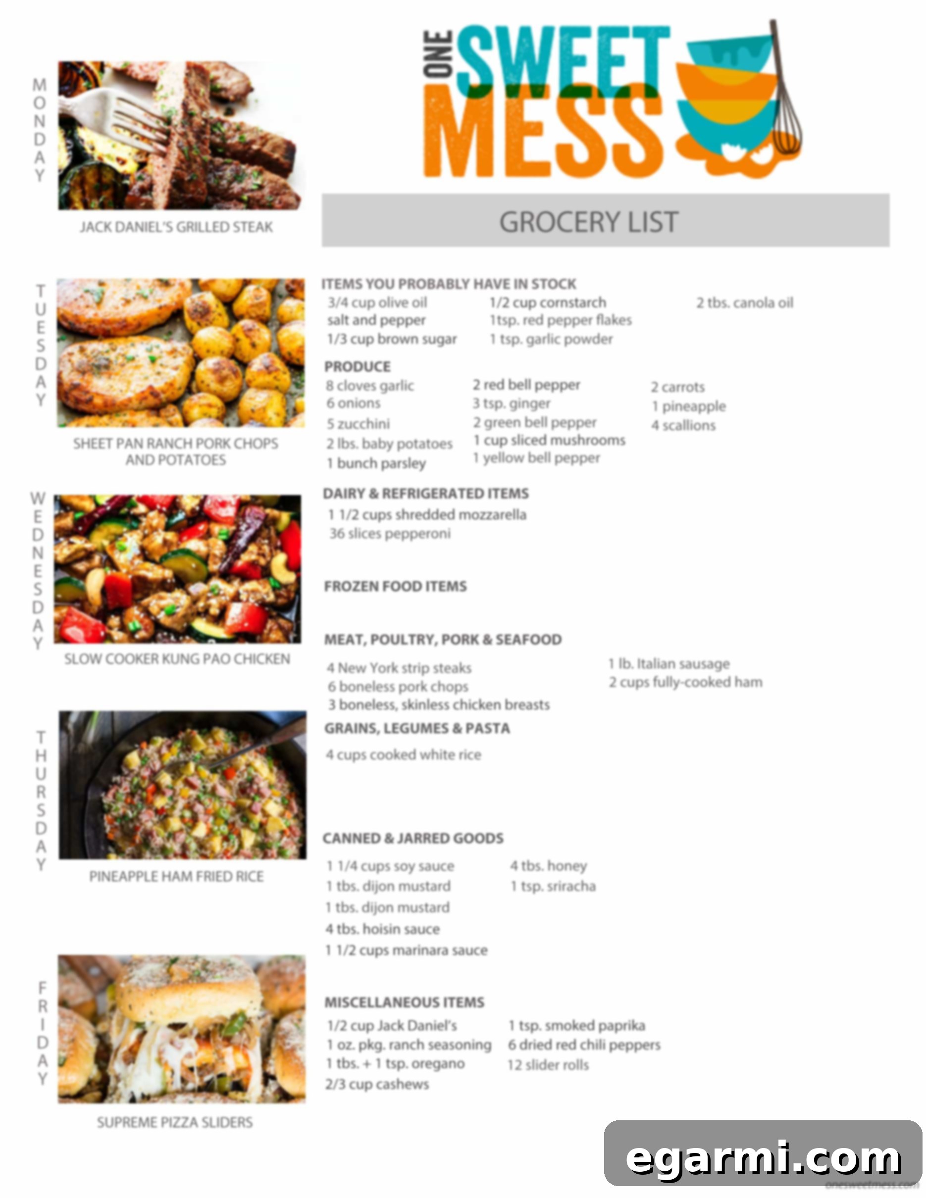Detailed Printable Weekly Meal Plan and corresponding Grocery List for April 24th, 2017, streamlining your shopping and cooking