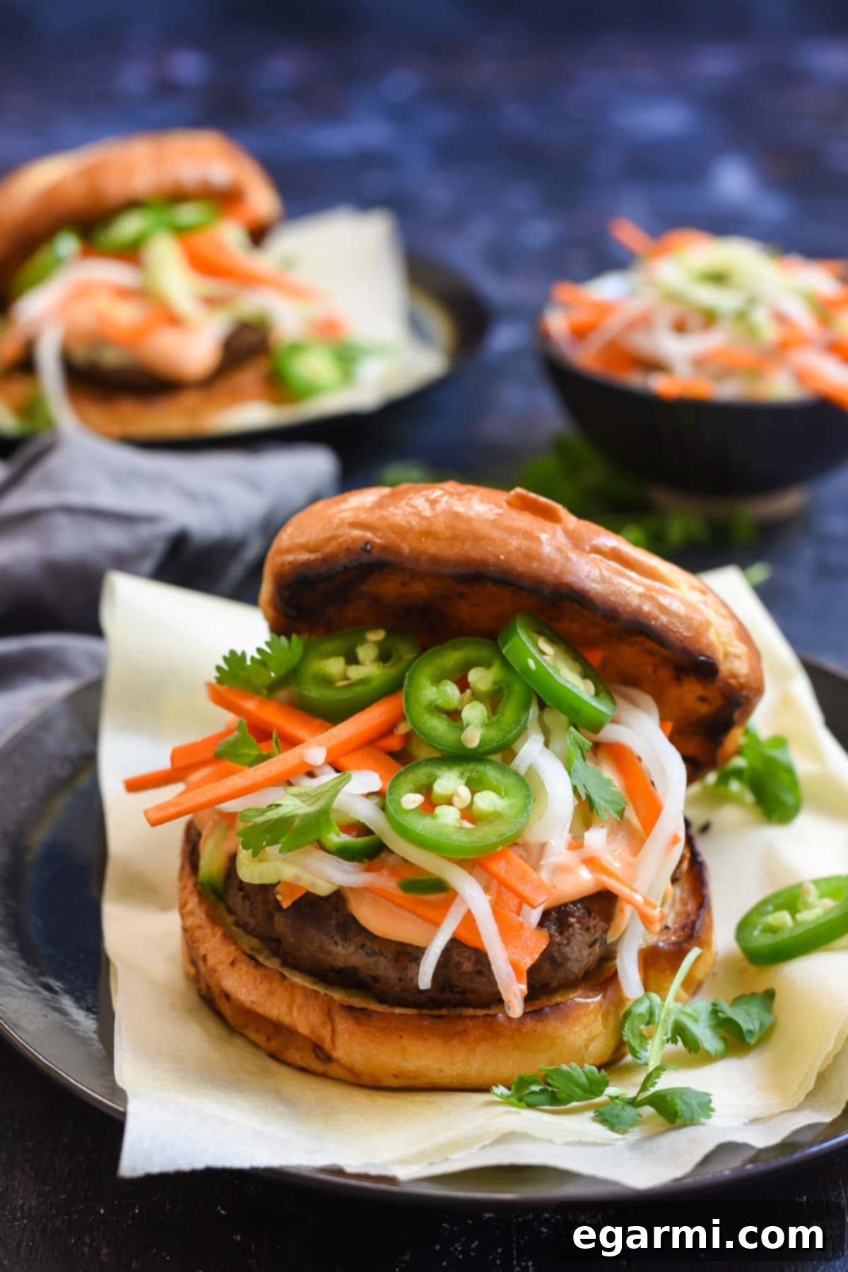 Banh Mi Burgers with Quick Pickled Vegetables - An exciting Vietnamese-inspired fusion meal for mid-week, offering unique textures and tastes.