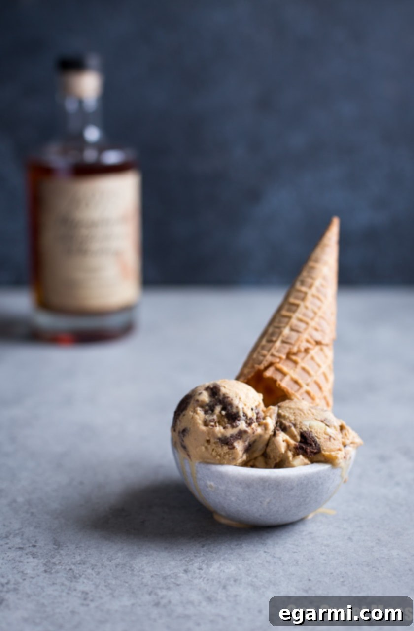 Close-up shot of Salted Caramel Bourbon Fudge Brownie Ice Cream showing creamy texture and brownie pieces