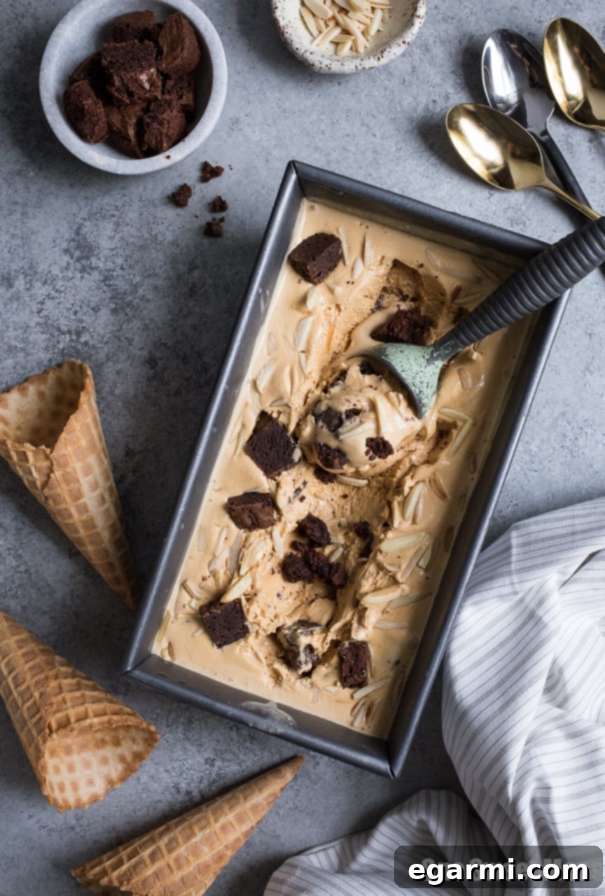 Final bowl of Salted Caramel Bourbon Fudge Brownie Ice Cream ready to be served