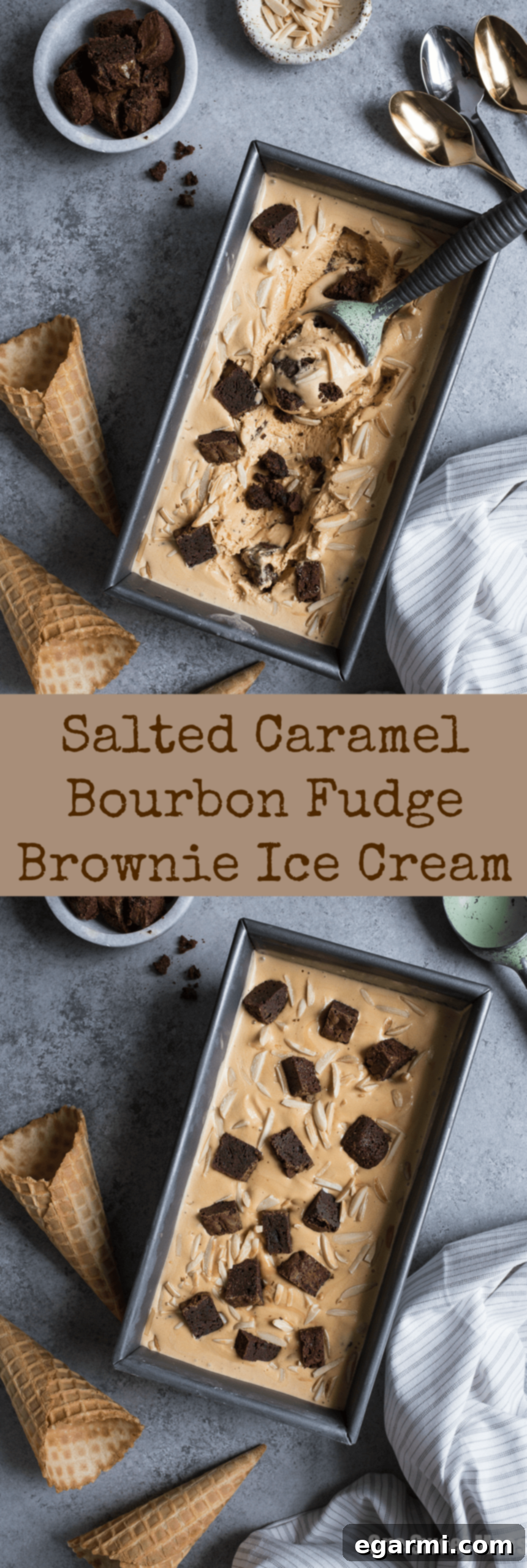 Pinterest-optimized image of Salted Caramel Bourbon Fudge Brownie Ice Cream