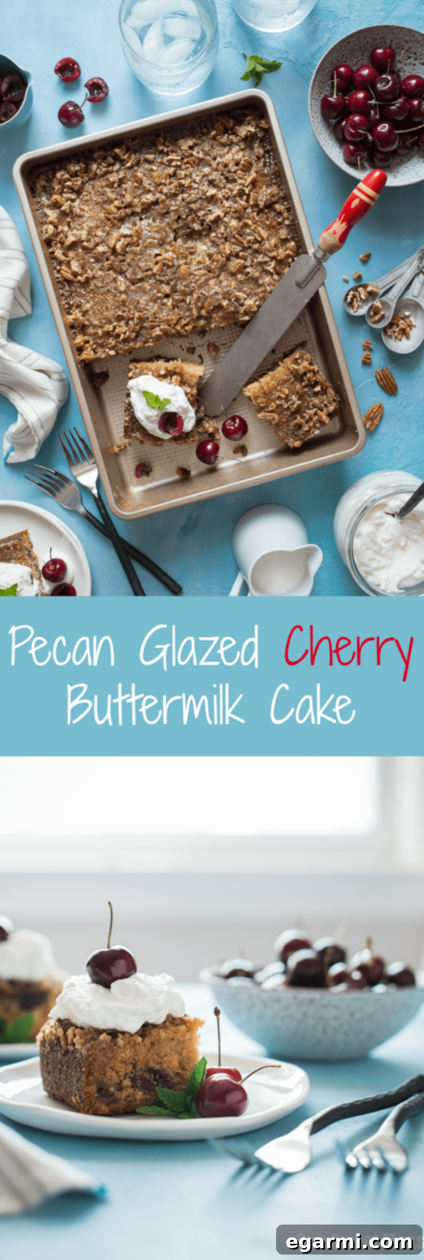 Pecan Glazed Cherry Buttermilk Cake: This summer-inspired cake is ultra moist with a crackly pecan glaze. This simple cake is perfect for summer entertaining. Pin it!