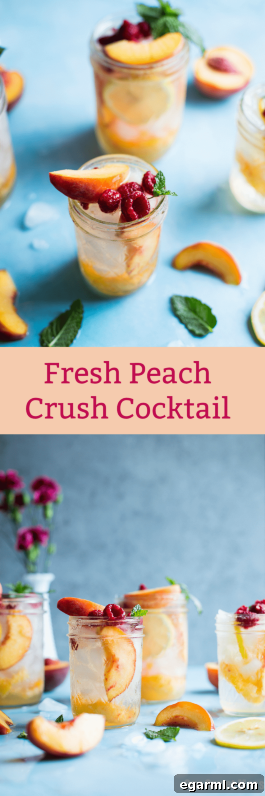 Pinterest graphic: Fresh Peach Crush Cocktail - This summer inspired cocktail doesn't skimp on ripe peach flavor. Pin it and share the recipe!