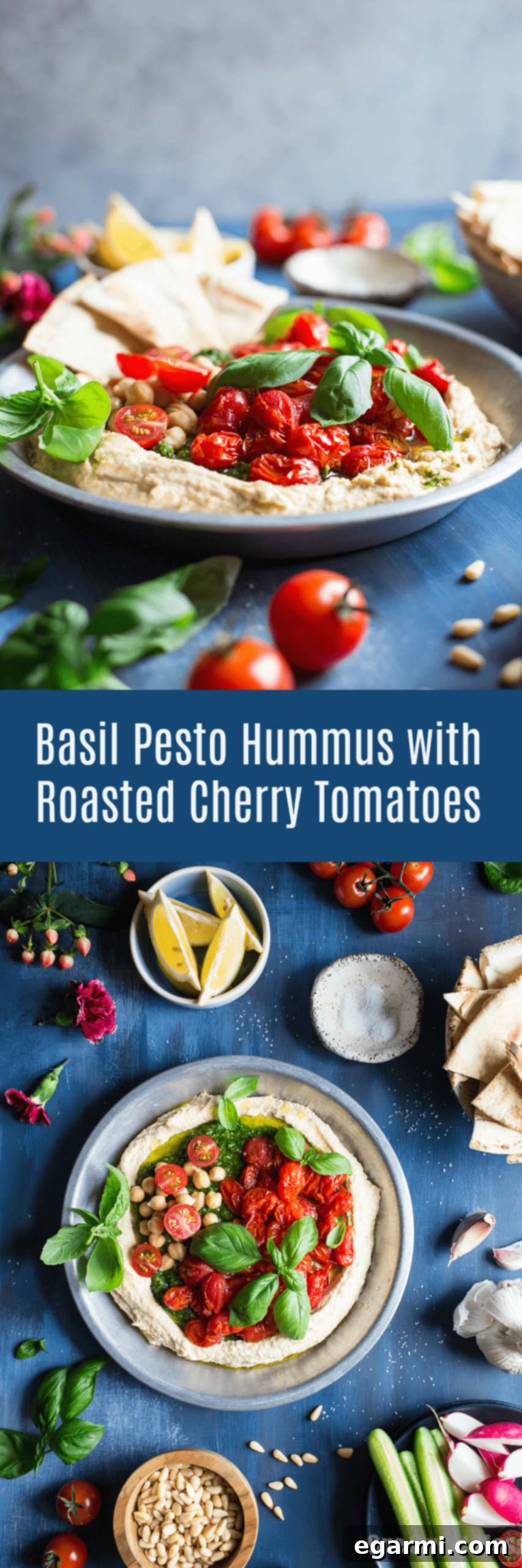 Savory Pesto Hummus with Bursting Roasted Cherry Tomatoes 8 Pesto Hummus with Roasted Cherry Tomatoes Pinterest Image