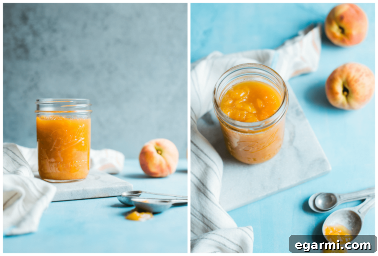 Homemade Peach Bourbon Compote simmering in a saucepan.